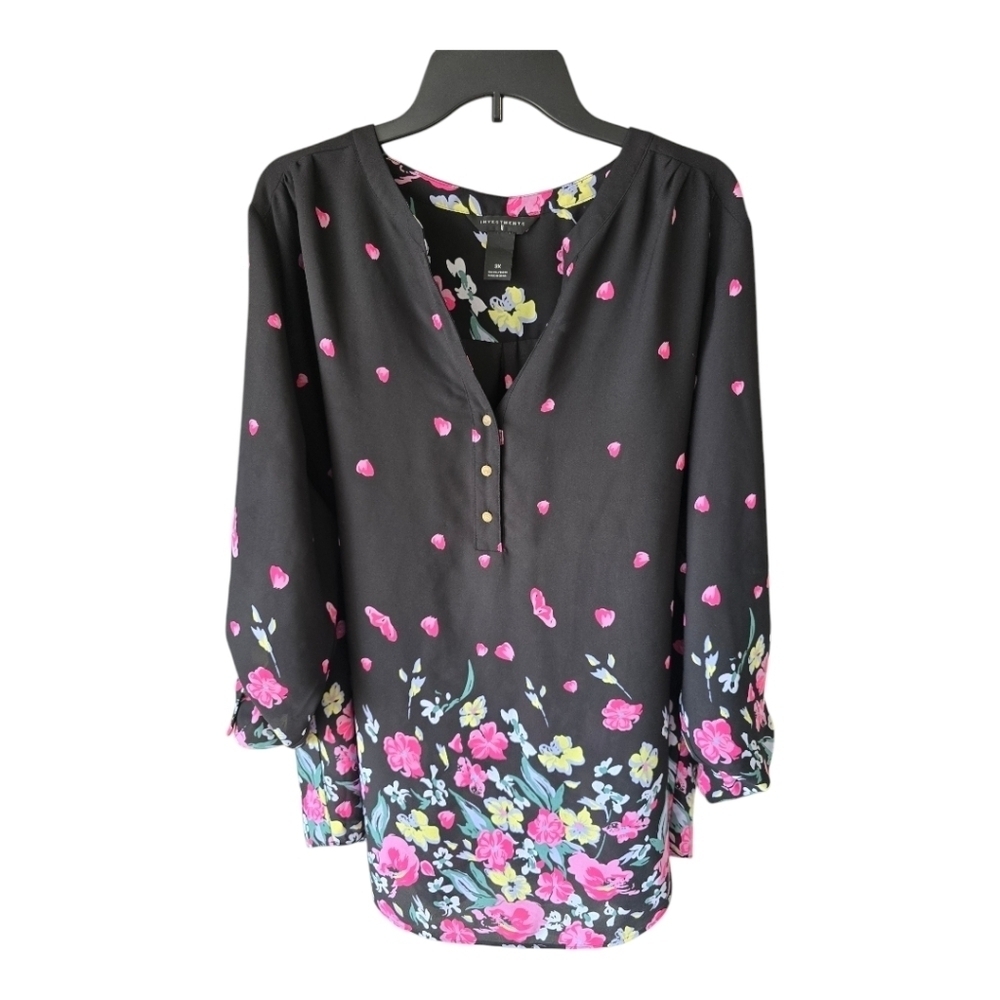 Investments Blouse Women 3X Black  Pink Floral Popover Roll Tab Sleeve Fairygrun